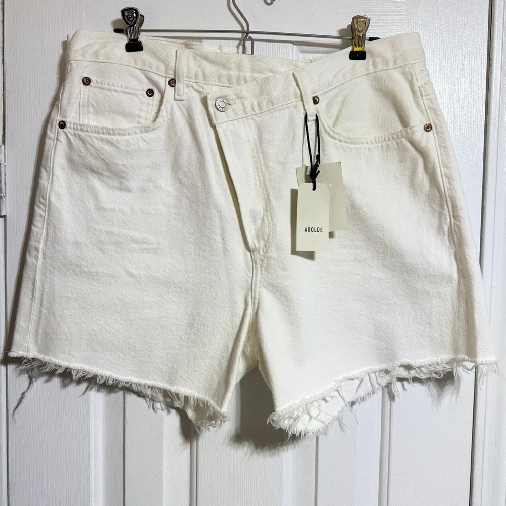 NWT Agolde criss cross element white jean denim long shorts size 31 10 4” inseam